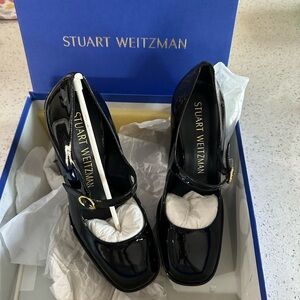 Stuart Weitzman Black Patent Mary Jane Heels with Gold Buckle